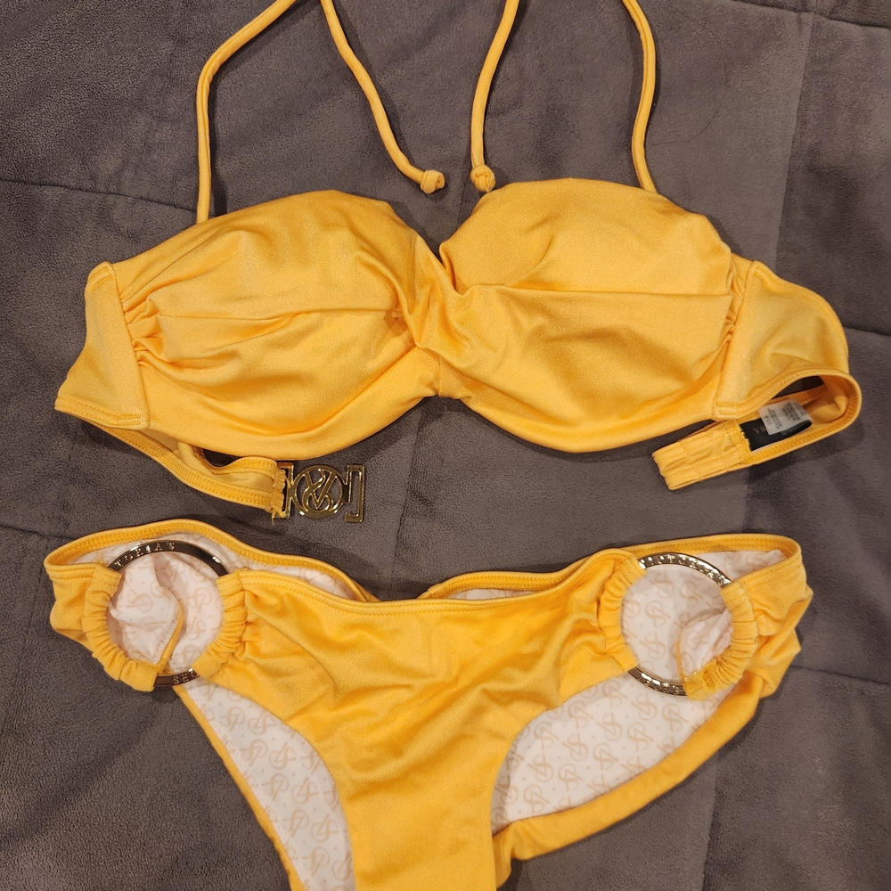 Victoria's Secret Strapless Halter Satin Gold With Gold Accents Bikini Set